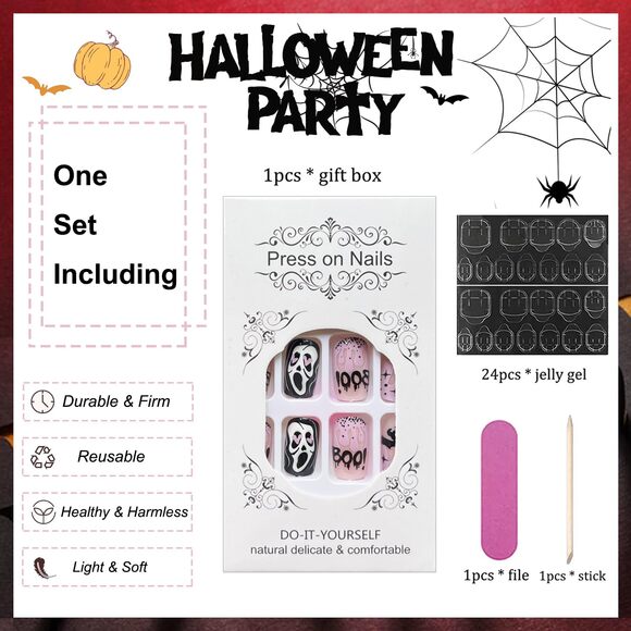 24 Pcs Halloween Press on Acrylic Nails Short Square Pink Ghost Bat Design fake - Picture 4 of 6